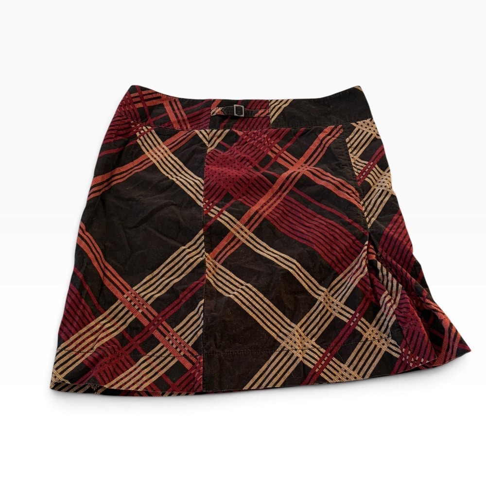 Ann Taylor LOFT Corduroy Plaid Mini Skirt Red Black Tan A-Line Size 8